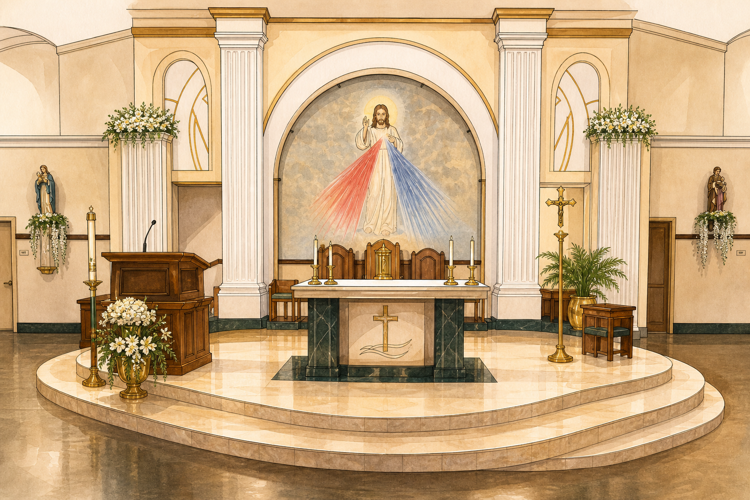 Illustration of the sanctuary at St. Rose of Lima Catholic Church